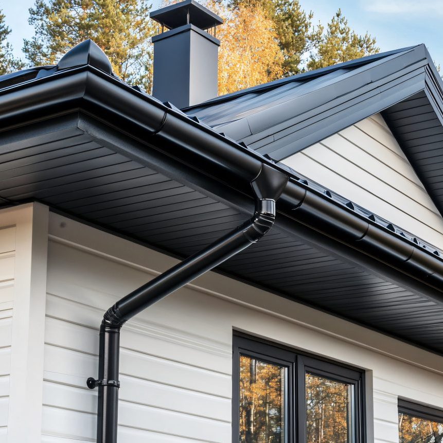 A black seamless gutter contrasting beautifully against a white modern house, minimalistic and sharp