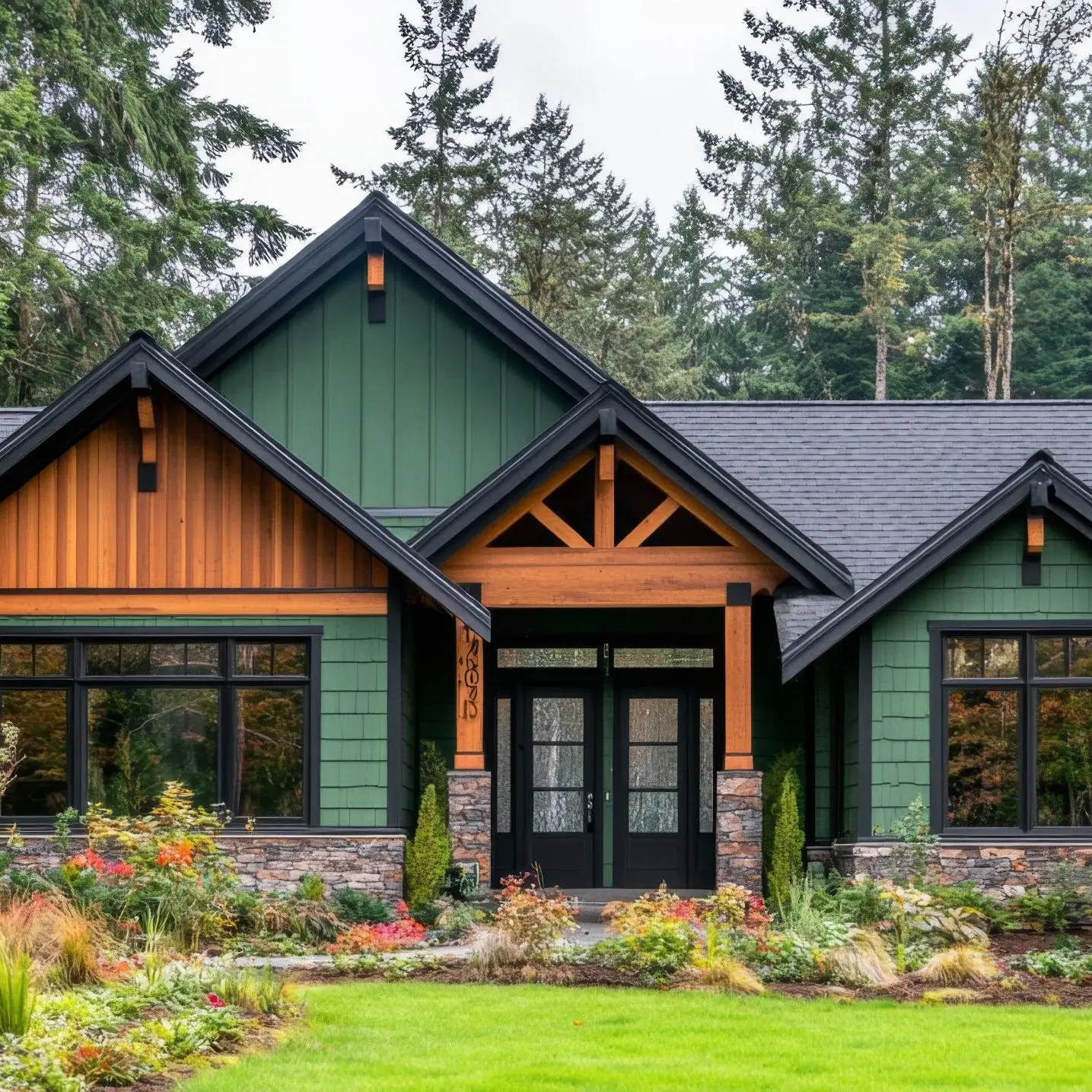 A single-story house with green siding and wood details features black-framed windows, double doors, and vibrant landscaping in a peaceful, tree-lined setting.